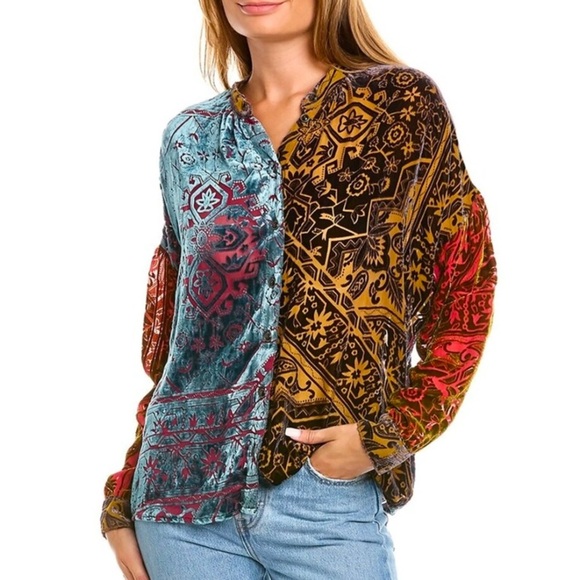 Johnny Was Frida Button Down Shirt in Muted Earth Tones Velvet - Picture 2 of 8